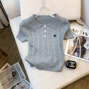 T恤短款 实拍 刺绣冰丝针织女 设计感polo领修身 新款 大货 2026夏季