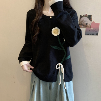 实拍大码女装黑色开叉毛衣慵懒高级感立体花朵宽松显瘦针织衫上衣