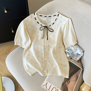 新款 实拍 大货 2026夏季 T恤上衣女 ins设计感蝴蝶结镂空冰丝针织衫