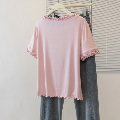 实拍大码正肩短袖T恤女木耳边U领修身显瘦夏季新款韩系简约上衣潮