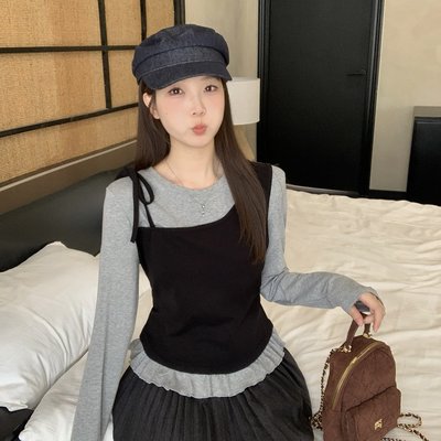 实拍大码设计感不规则假两件长袖T恤女秋冬小众减龄上衣