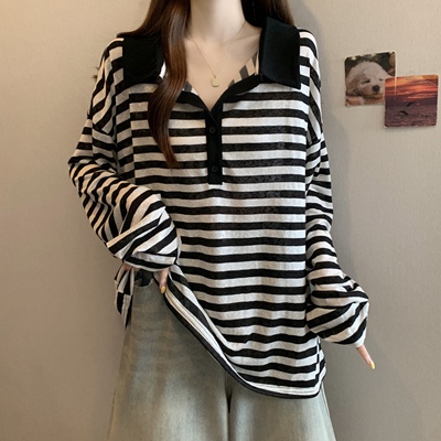 实拍大码早秋新款韩系红条纹polo领长袖t恤女秋季慵懒松弛感上衣