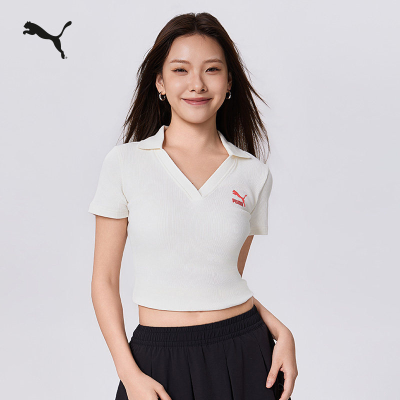 百亿|白色修身短款V领短袖BabyTee女PUMA彪马运动POLO衫T恤626863