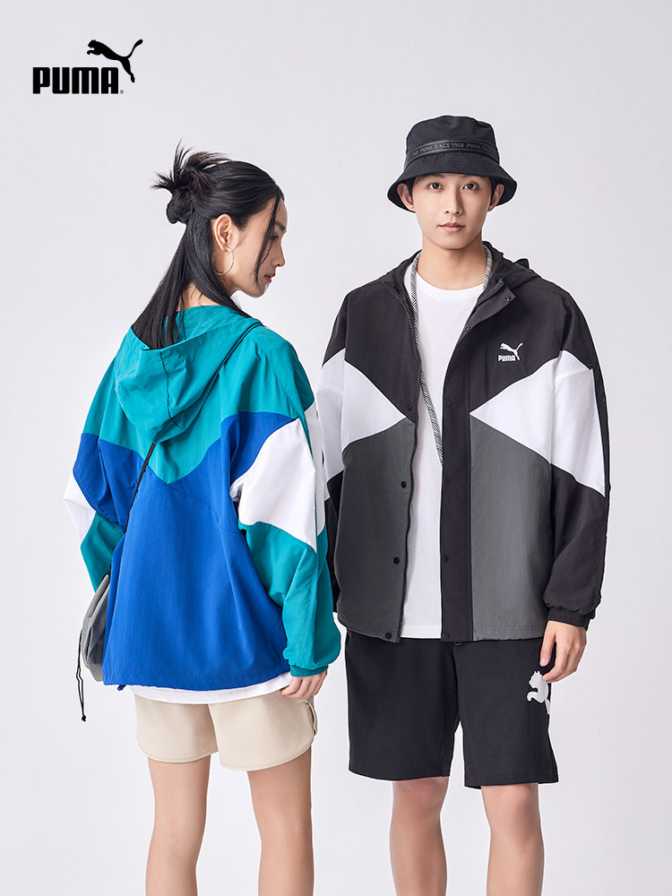 PUMA 남성 및 여성 커플 야외 스포츠 TANGRAM 착용 색상 매칭 후드 우븐 재킷 628202