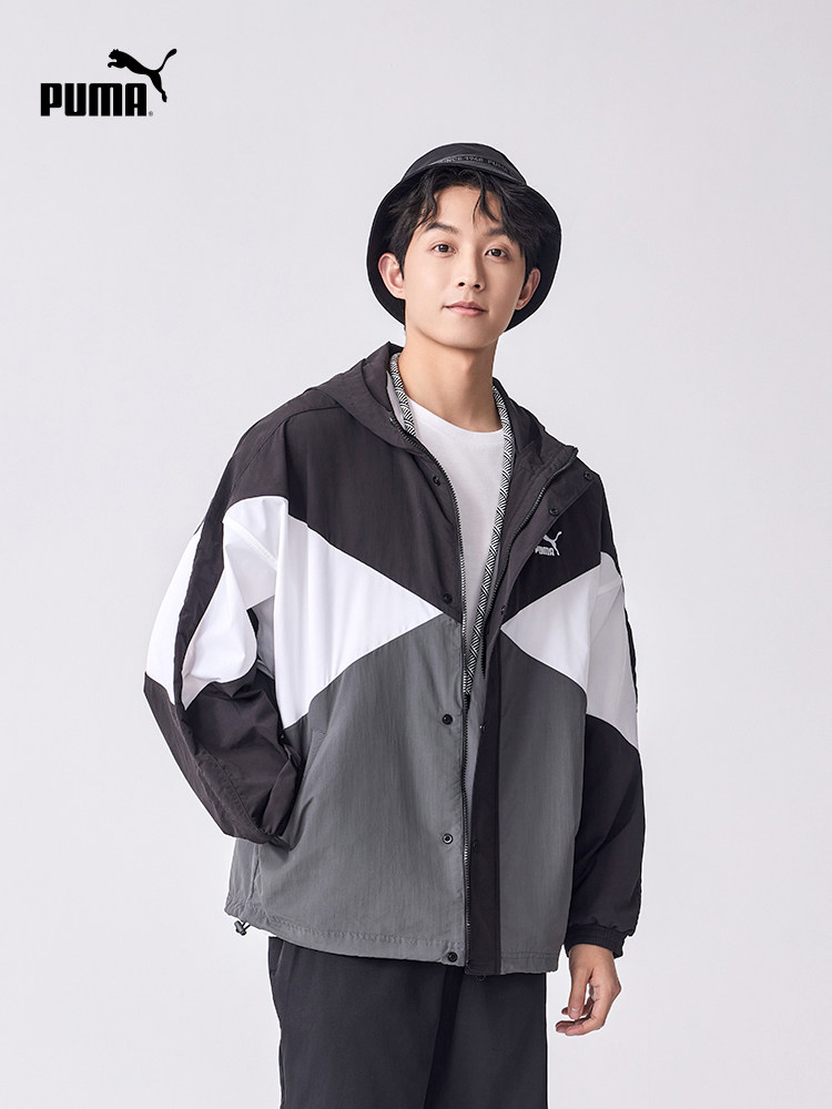 PUMA 남성 및 여성 커플 야외 스포츠 TANGRAM 착용 색상 매칭 후드 우븐 재킷 628202