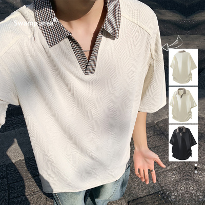 SWAMP AREA千鸟格拼接polo领短袖男冰感宽松衬衫T恤男老钱风上衣