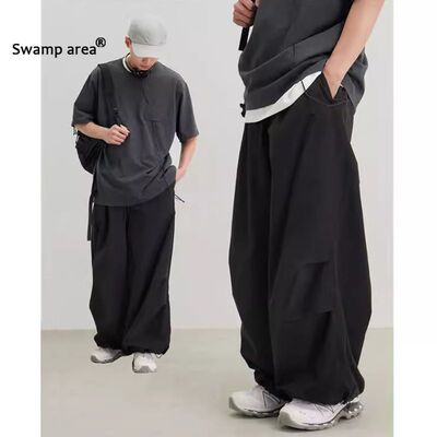 SWAMP AREA美式复古休闲裤男女橡筋腰风衣宽松阔腿空气裤情侣长裤