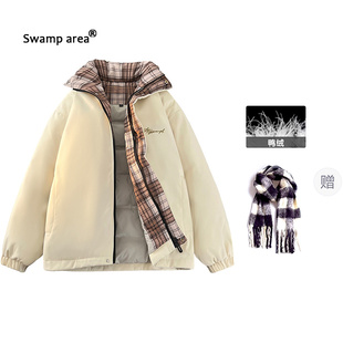 SWAMP AREA美式立领羽绒服男士冬季加厚保暖防寒格子拼接情侣外套