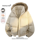 SWAMP 潮牌宽松加厚棉衣可拆卸连帽外套 冬季 AREA美式 毛领棉服男士
