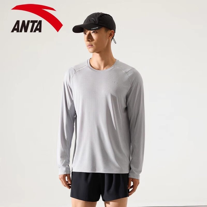 安踏跑步长袖t恤男2024秋季户外透气吸汗训练圆领速干运动上衣男
