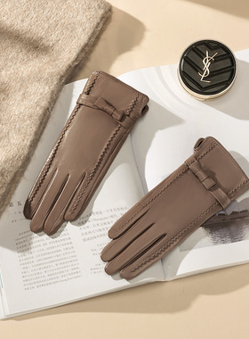 触屏山羊皮真皮手套女秋冬薄款单皮蝴蝶结开车加绒保暖修手纯皮