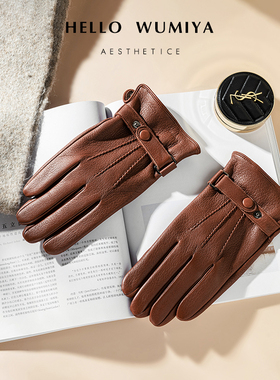 进口鹿皮真皮手套男士冬季加绒羊毛加厚保暖复古开车骑车防风机车