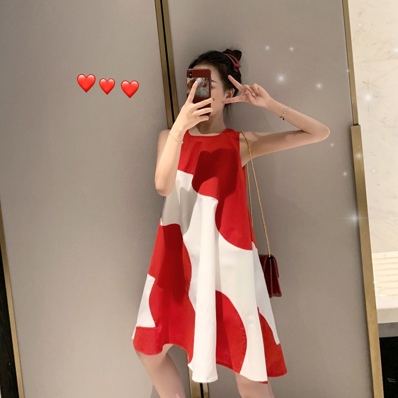 孕妇装夏天裙子2024新款韩版时尚宽松印花无袖孕妇连衣裙中长潮妈