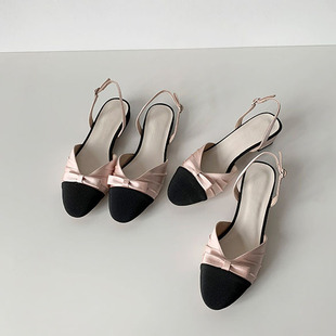 龙心同款小香风蝴蝶结包头凉鞋女夏真皮真丝拼色粗跟温柔时装凉鞋