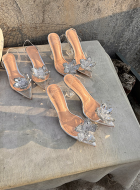 法式花朵钻公主高跟凉拖鞋女2025包尖头透明水晶仙女气质婚鞋外穿