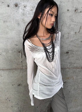 DoublePunch春夏原创竹节棉镂空清透印花修身长袖防晒衫T恤