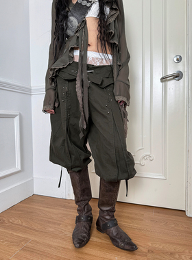 DoublePunch早秋原创重工结构全棉洗水工艺做旧五分哈伦马术裤