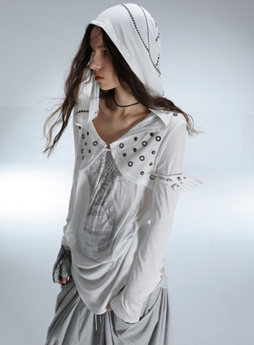 DoublePunch秋冬原创独特盔甲连帽垂坠轻薄烫钻造型层次打底T恤