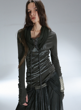 DoublePunch秋冬原创正肩针织堆堆领造型袖绑带印花打底衫上衣