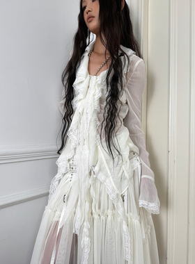 DoublePunch早秋原创肌理薄透纱质收腰抽褶飘带荷叶边雪纺纱衬衣