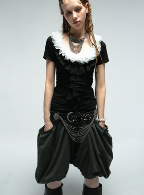 DoublePunch春夏原创正肩修身方领浪漫复古风多层蕾丝荷叶边显瘦t