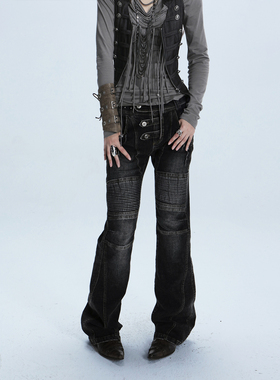 DoublePunch早秋原创中古做旧洗水直筒机车造型低腰休闲牛仔裤