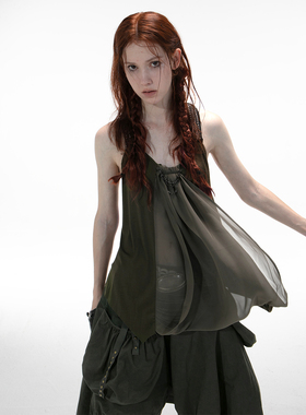 DoublePunch春夏原创金属镶边朋克肩带荡领宽松A摆工字娃娃背心