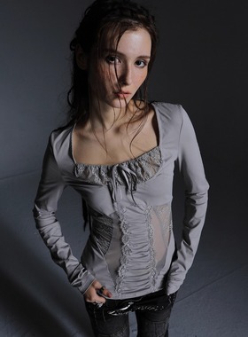 DoublePunch秋冬原创正肩网纱蕾丝拼接浪漫少女风修身方领长袖T恤
