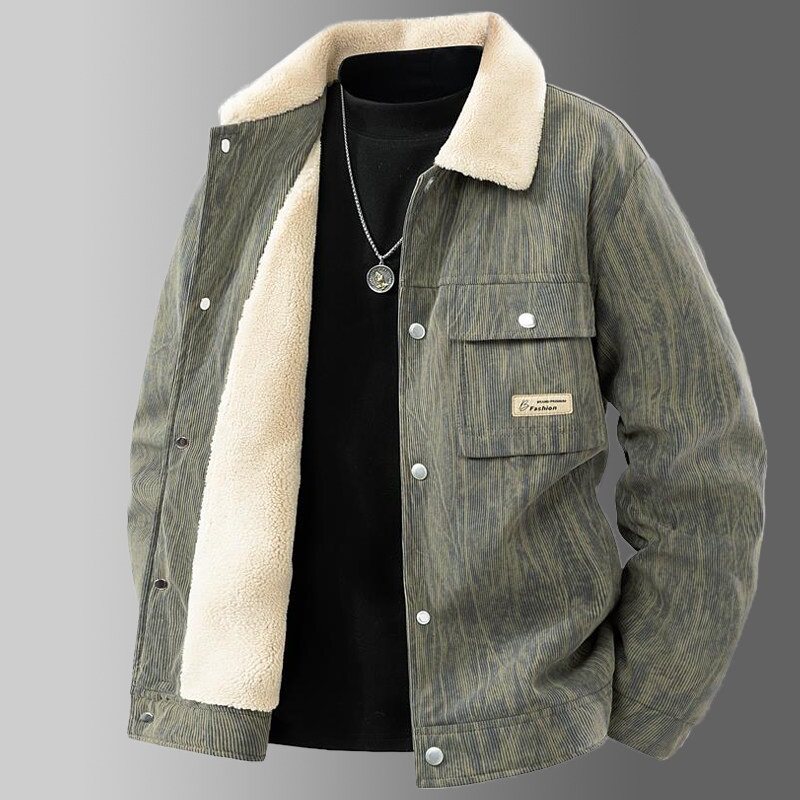 灯芯绒夹克男秋冬季2025新款加绒加厚翻领上衣服羊羔绒休闲外套男
