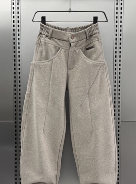 Mostarsea~秋冬新款灰色弯刀休闲裤男宽松直筒松紧腰毛呢运动卫裤