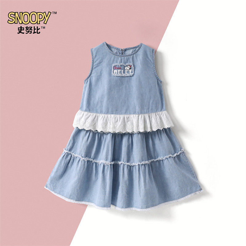 史努比SNOOPY 童装夏可爱公主休闲全棉天丝牛仔裙子背心T恤套装
