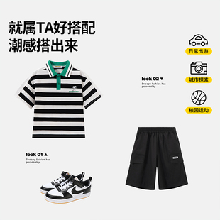 童装 优棉吸汗透气儿童短袖 史努比 卡通夏款 POLO衫 S破块条纹