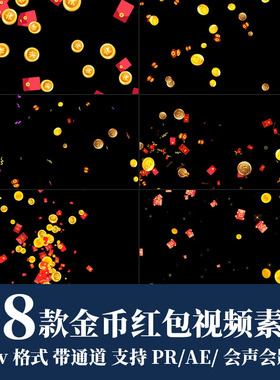 pr/ae视频素材红包金币福袋飘落散开冲屏节日喜庆动画mov透明通道