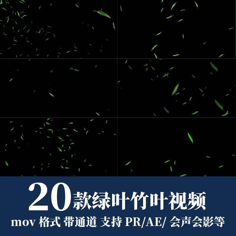 pr/ae视频素材唯美春季绿色树叶竹叶飘落散开动画alpha带透明通道