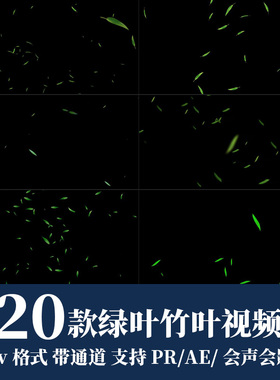 pr/ae视频素材唯美春季绿色树叶竹叶飘落散开动画alpha带透明通道