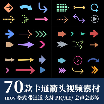 pr/ae视频素材卡通MG箭头指向标注多彩图形动画alpha透明通道fcpx