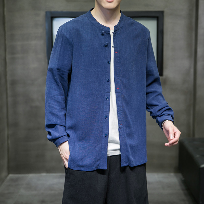 2021风秋冬新款男棉麻纯色暗门襟长袖休闲衬衣QT4003-NB33,男装衬衫,星座815（原A203）