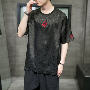 2021夏季风冰丝发财刺绣五分袖T恤男潮QT4003-NB31,黑色连裤袜和短裙搭配图片图片