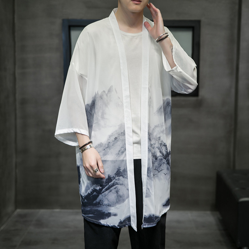 2021中国风印花五分袖开衫汉服防晒衣QT4003-2103-P40黑洞,男装风衣,星座815（原A203）
