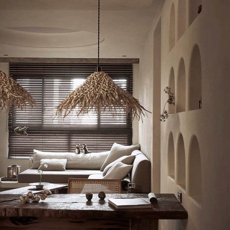 侘寂风民宿吊灯客厅茶室田园复古民宿吊灯禅意卧室灯具餐厅藤编灯