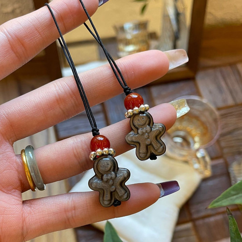 姜饼人天然银曜石吊坠女款招财转运珠挂件送闺蜜生日礼物