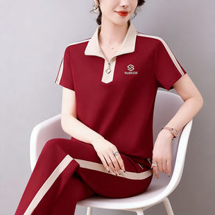 2026夏季新款polo领短袖运动套装女中年妈妈时尚潮流休闲服两件套