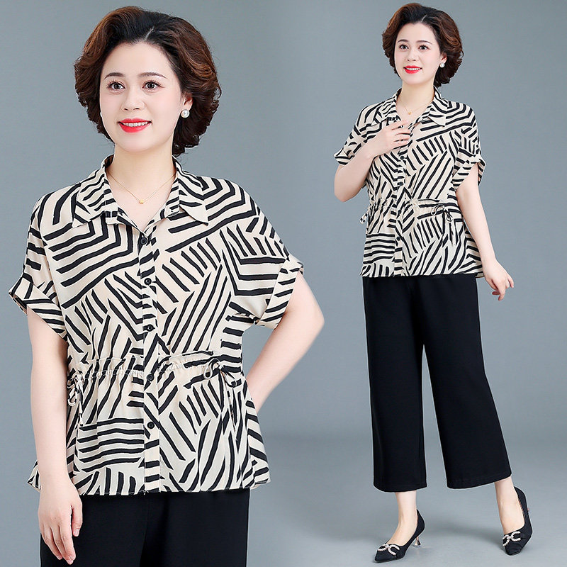 中老年妈妈夏季短袖雪纺衬衫条纹运动服女贵夫人时尚上衣两件套装
