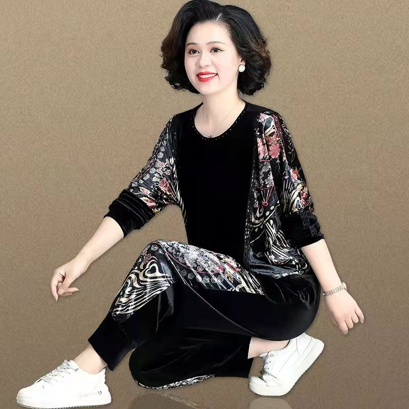 中老年女秋季金丝绒运动服套装中年胖妈妈大码春秋卫衣洋气两件套