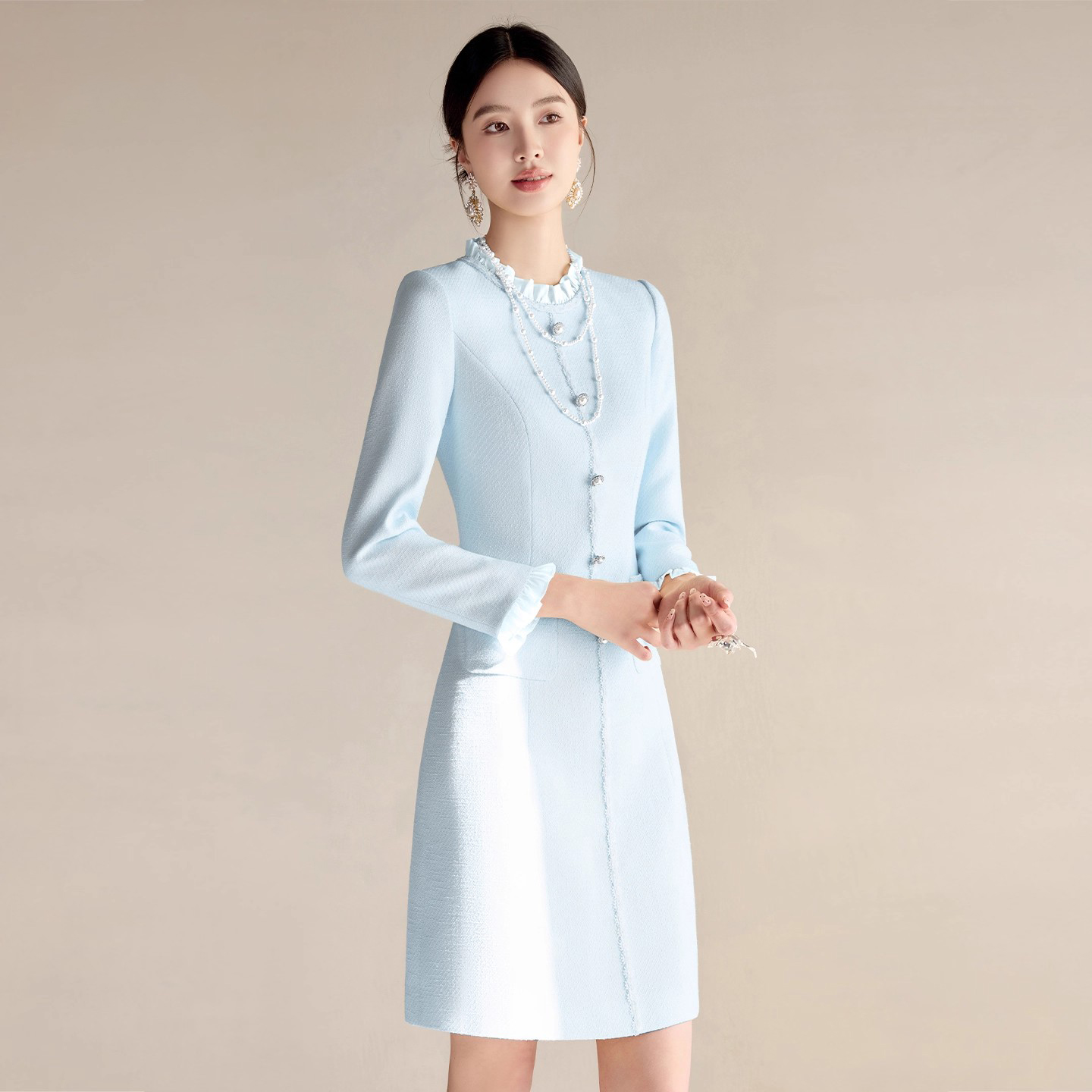 2026春季新款小香风职业连衣裙女时尚长袖裙子优雅花边领西装裙