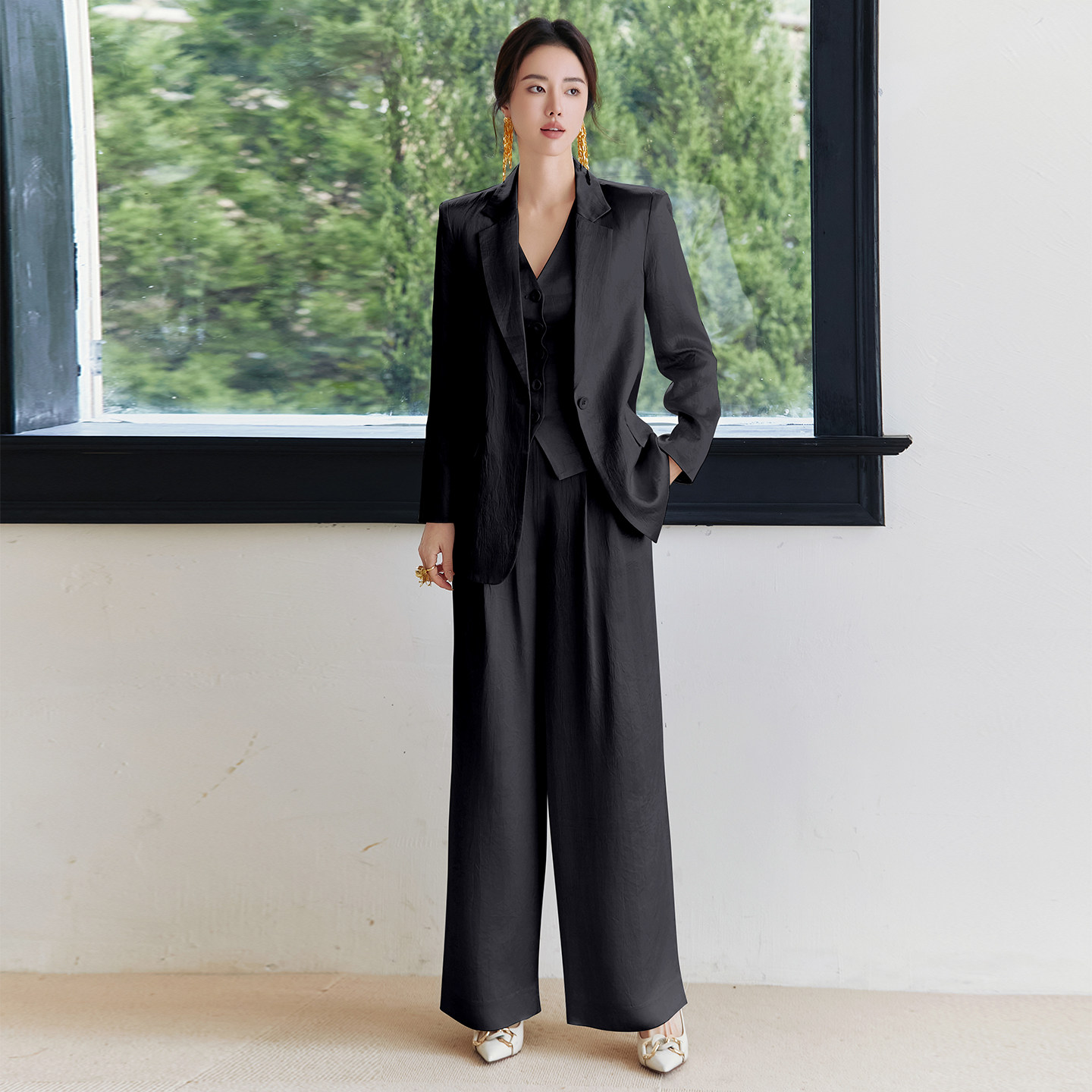 FUYAO扶摇 醋酸提花时尚套装女春秋休闲宽版西装直筒裤马甲三件套,女装/女士精品,职业女裤套装,淘宝优惠券,粉丝福利购,淘宝优惠卷