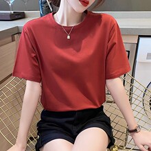 高级感砖红色宽松圆领港版落肩袖纯棉t恤女短袖夏季2024新款上衣