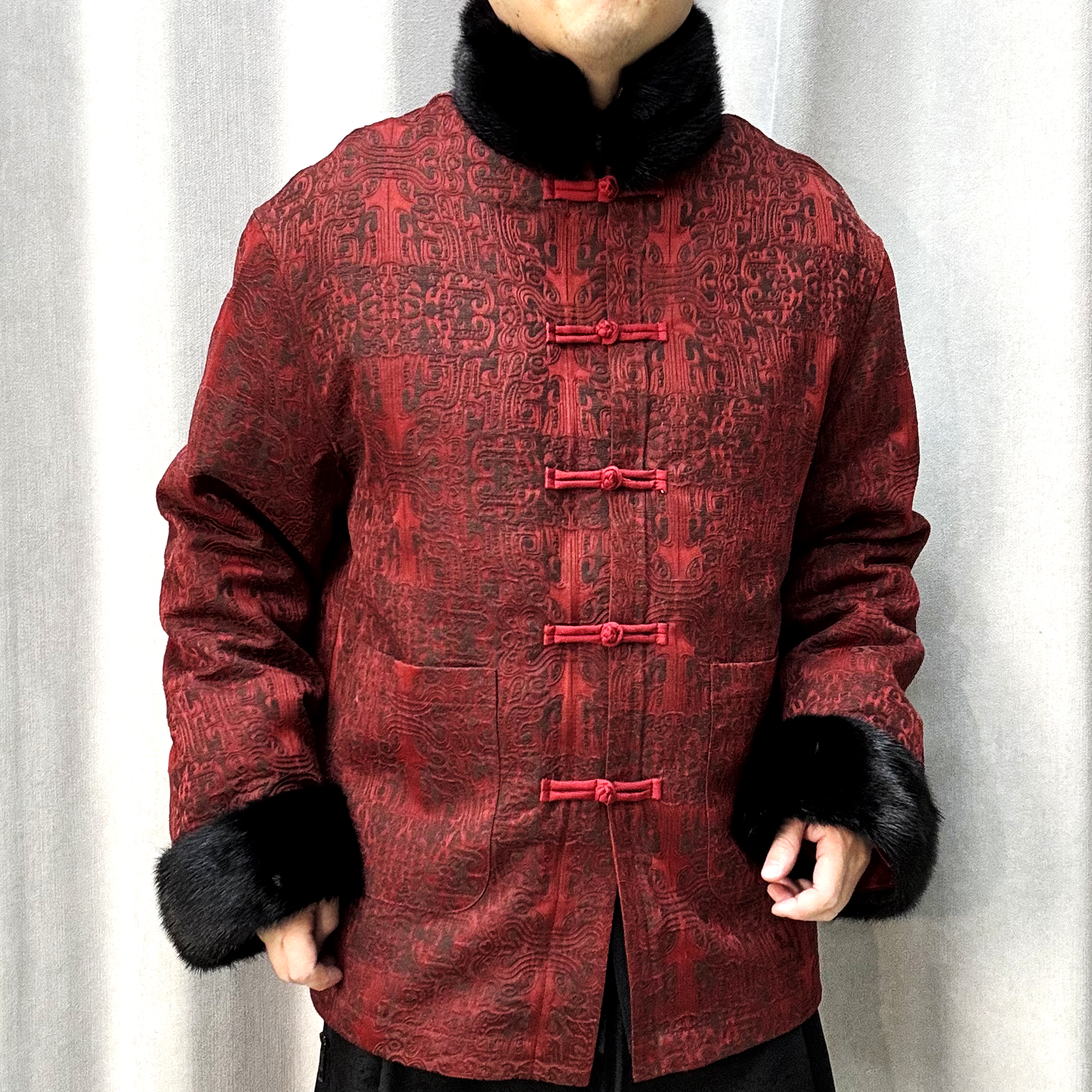 新中式男装水貂领中国风加厚红色