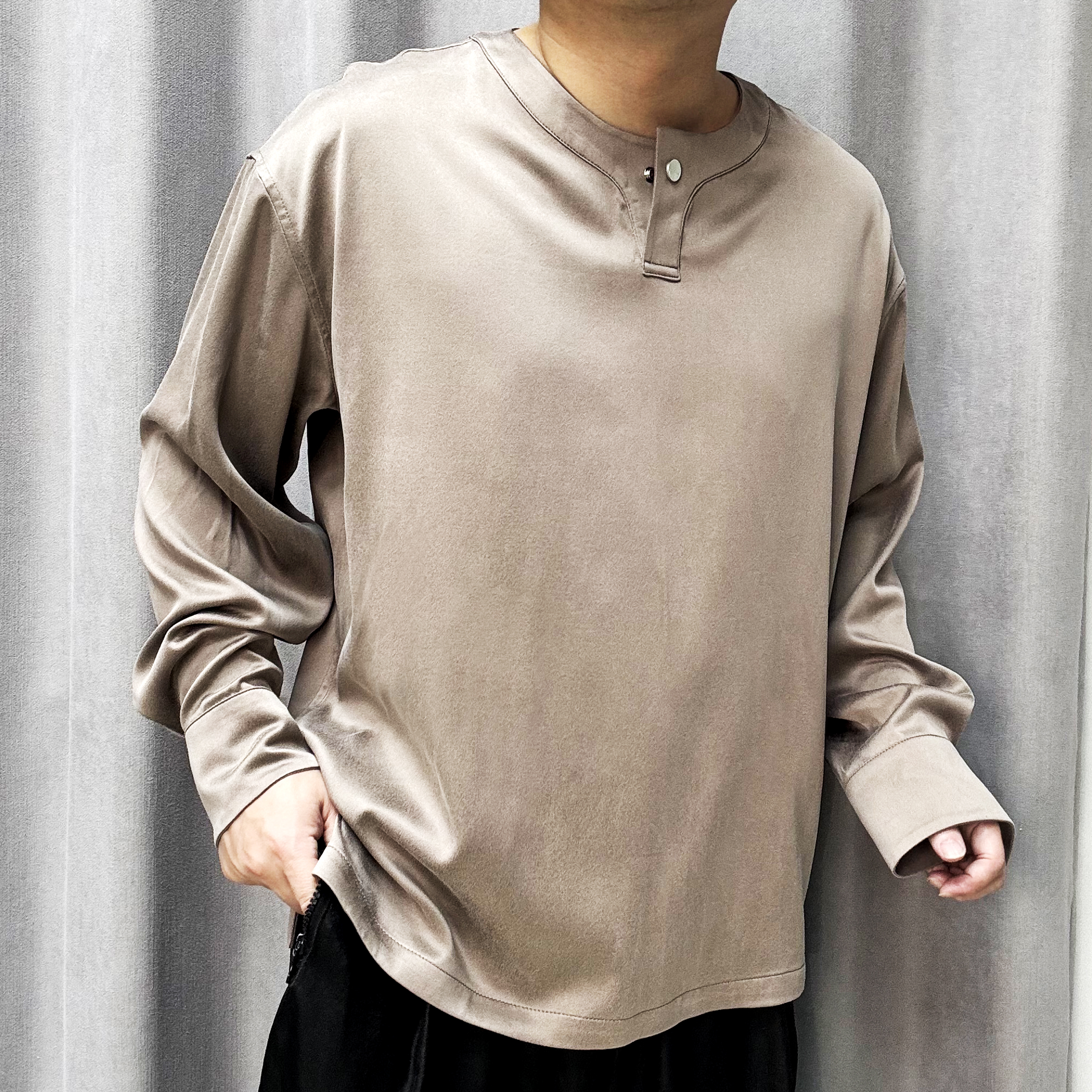 2551-2乔其缎桑蚕丝黑色长袖秋季春季简约风男士秋款潮流T恤纯色