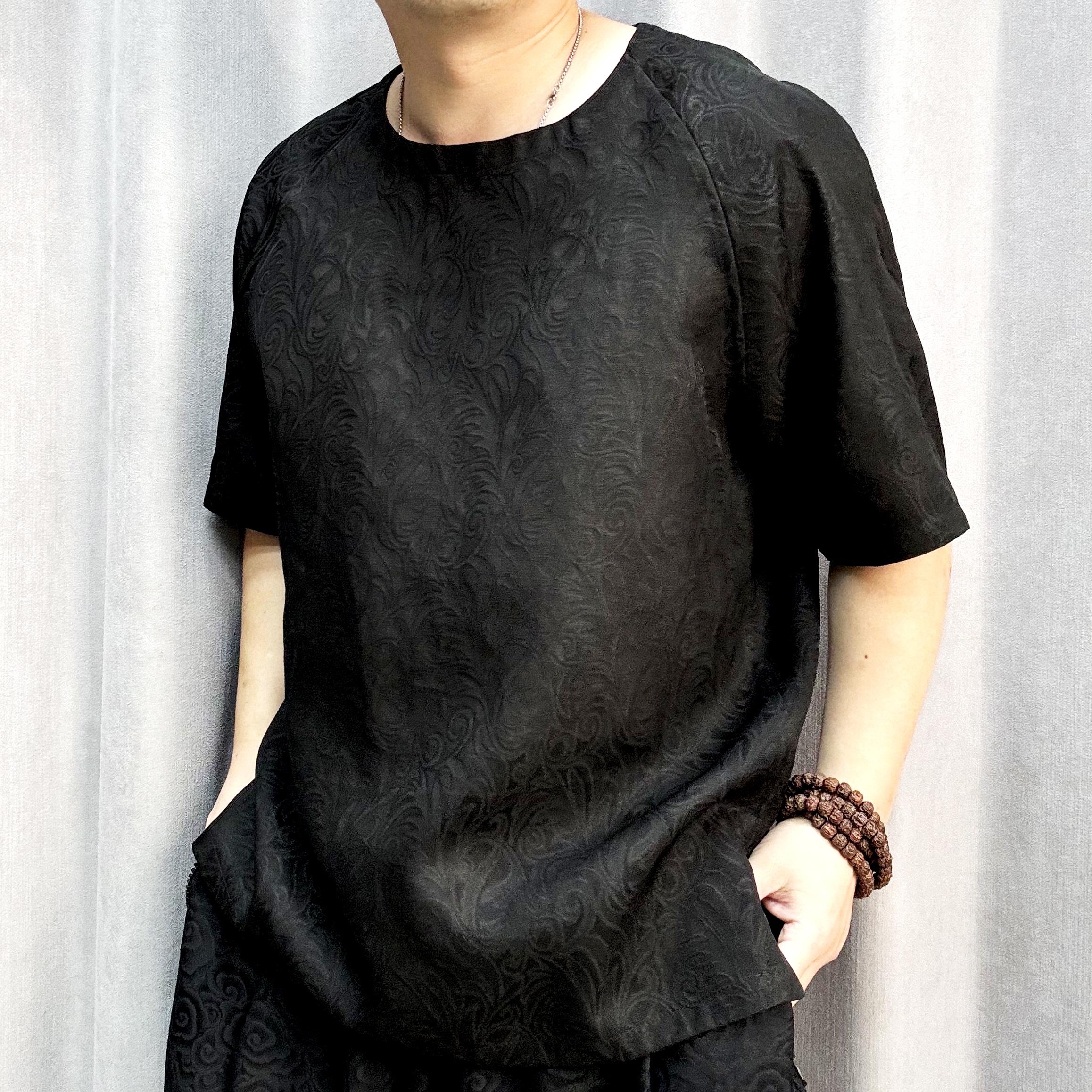 手工四经绞罗T恤休闲短袖圆领宽松男士国风潮流黑色薄款夏季2575